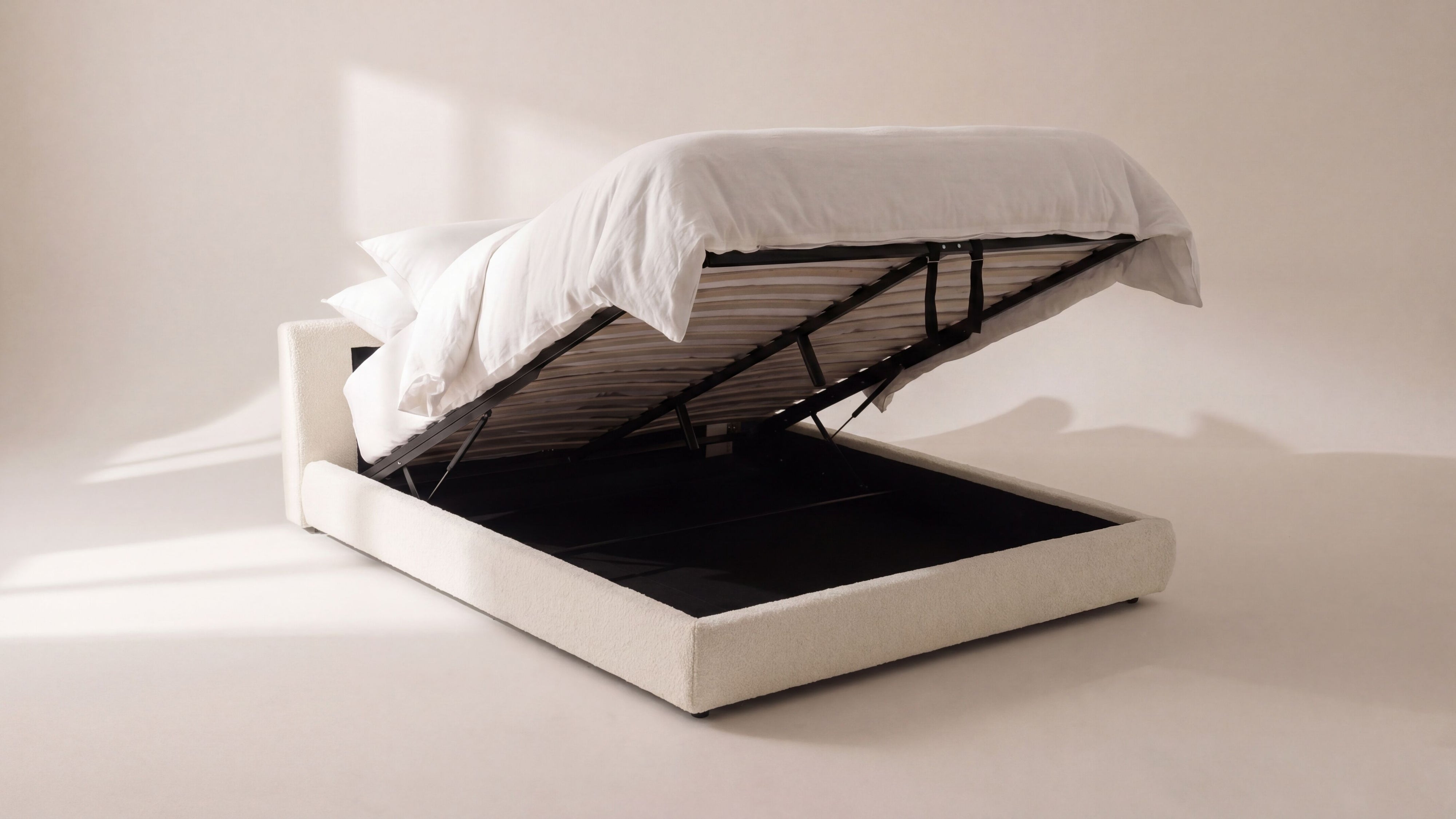 Cloud Bed with Storage, Queen, Cream Boucle