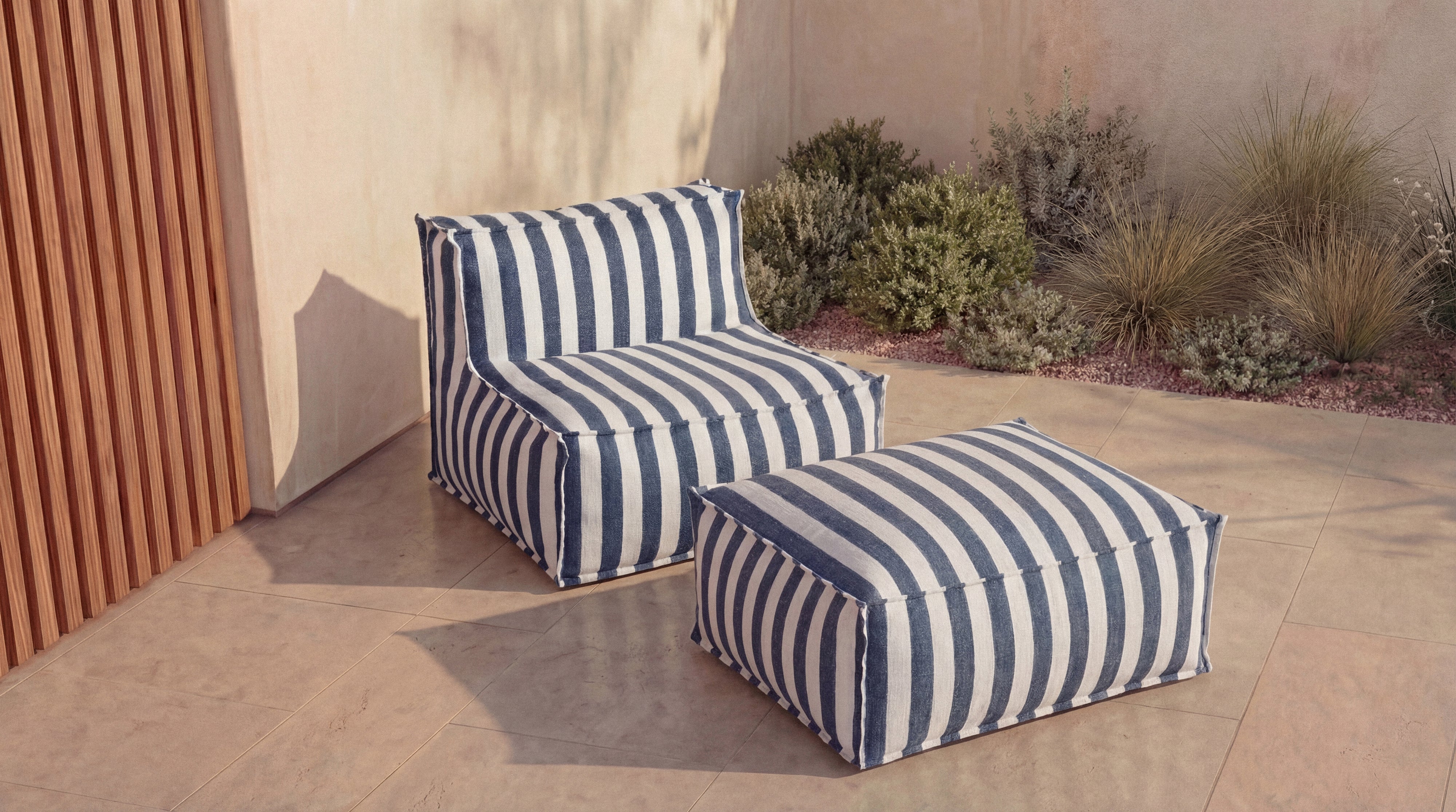 Make Waves Outdoor Ottoman, Ocean Stripe